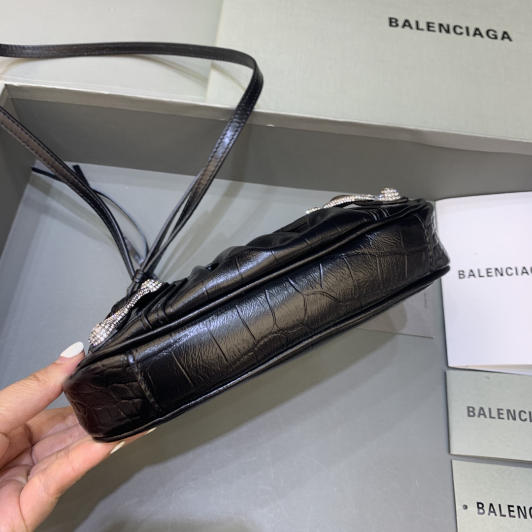 Balenciaga Le Cagole Mini Bag With Chain Crocodile Embossed Rhinestones Shoulder Bag Black 